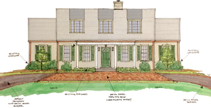 Proposed Front Elevation: brick paver parking pad, louvered shutters, large dormer windows